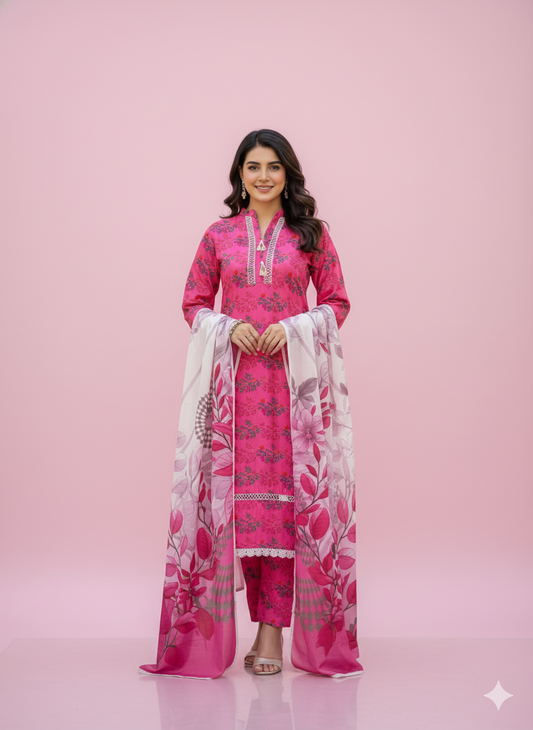 Pink Floral Kaddar Unstitched 3-Piece Suit Floral-LKUS-T005