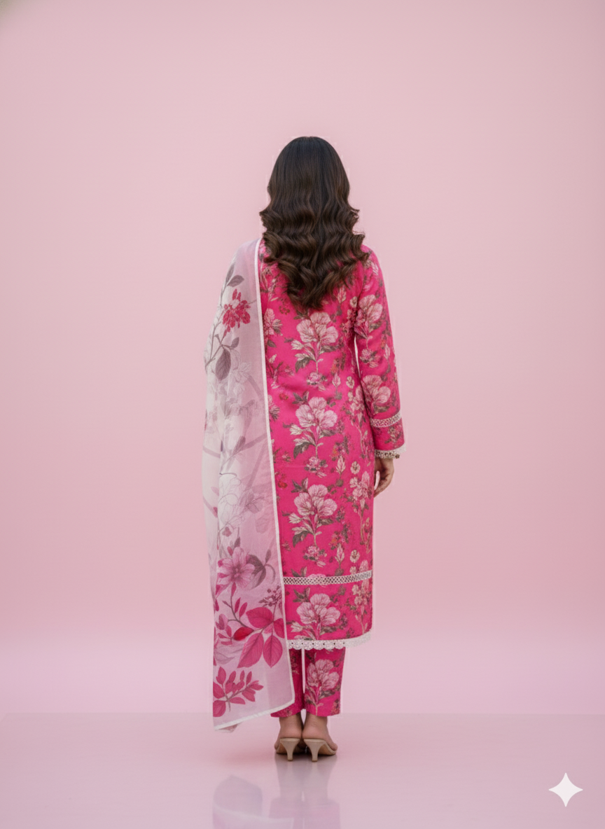 Pink Floral Kaddar Unstitched 3-Piece Suit Floral-LKUS-T005