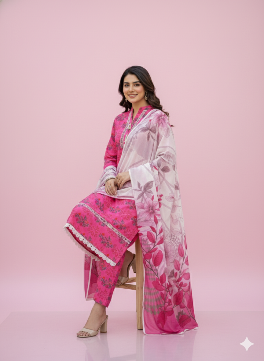 Pink Floral Kaddar Unstitched 3-Piece Suit Floral-LKUS-T005