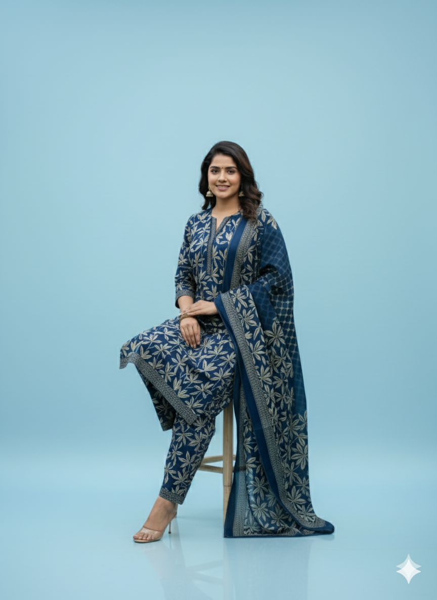 Navy Blue Leaf Print Kaddar Unstitched 3-Piece Suit Floral-LKUS-T006