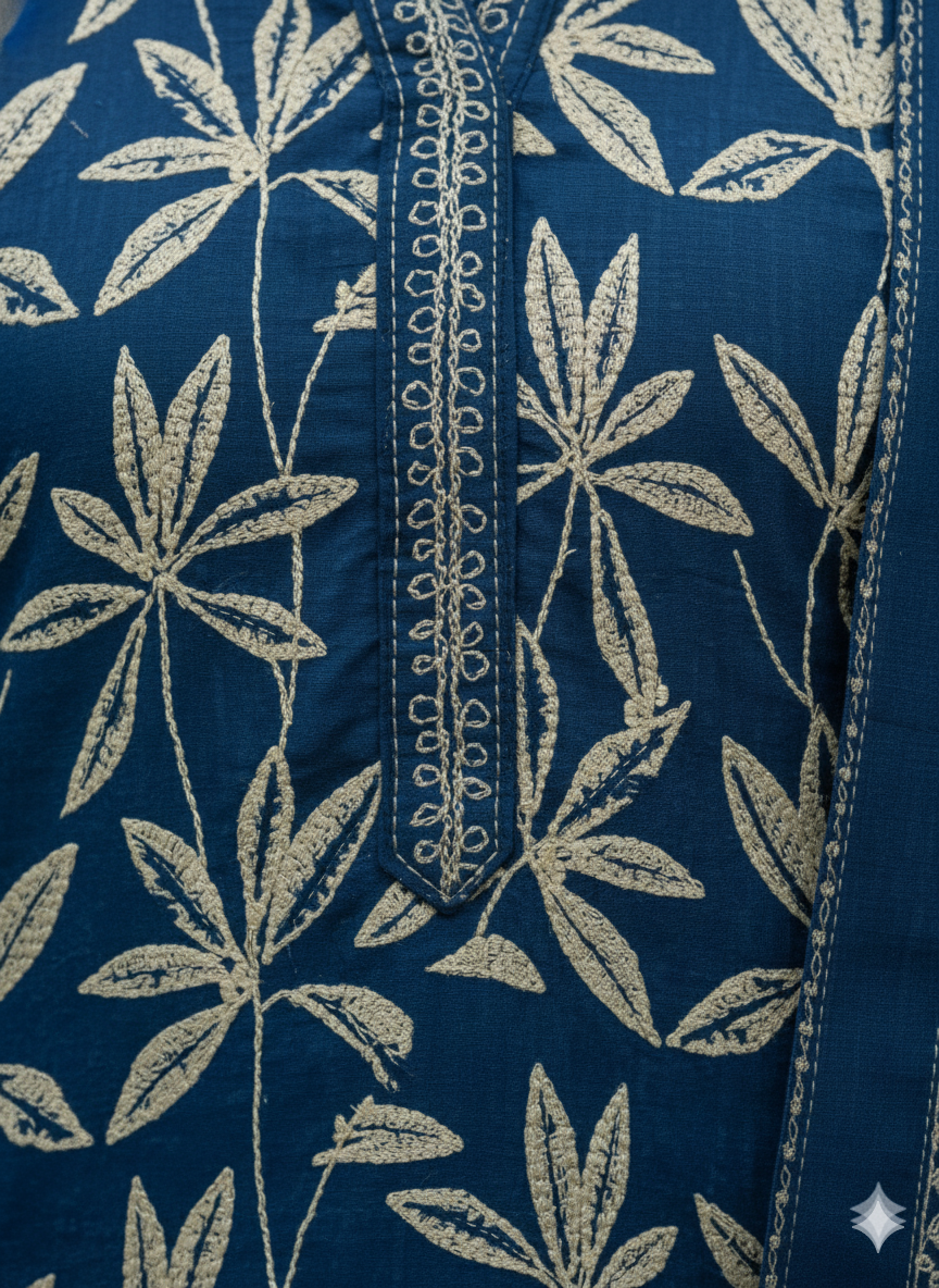 Navy Blue Leaf Print Kaddar Unstitched 3-Piece Suit Floral-LKUS-T006