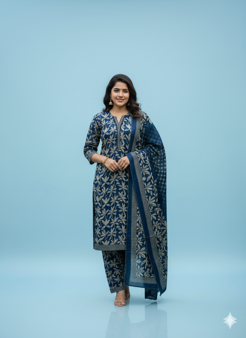 Navy Blue Leaf Print Kaddar Unstitched 3-Piece Suit Floral-LKUS-T006