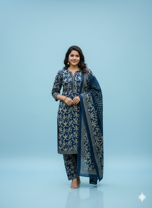 Navy Blue Leaf Print Kaddar Unstitched 3-Piece Suit Floral-LKUS-T006