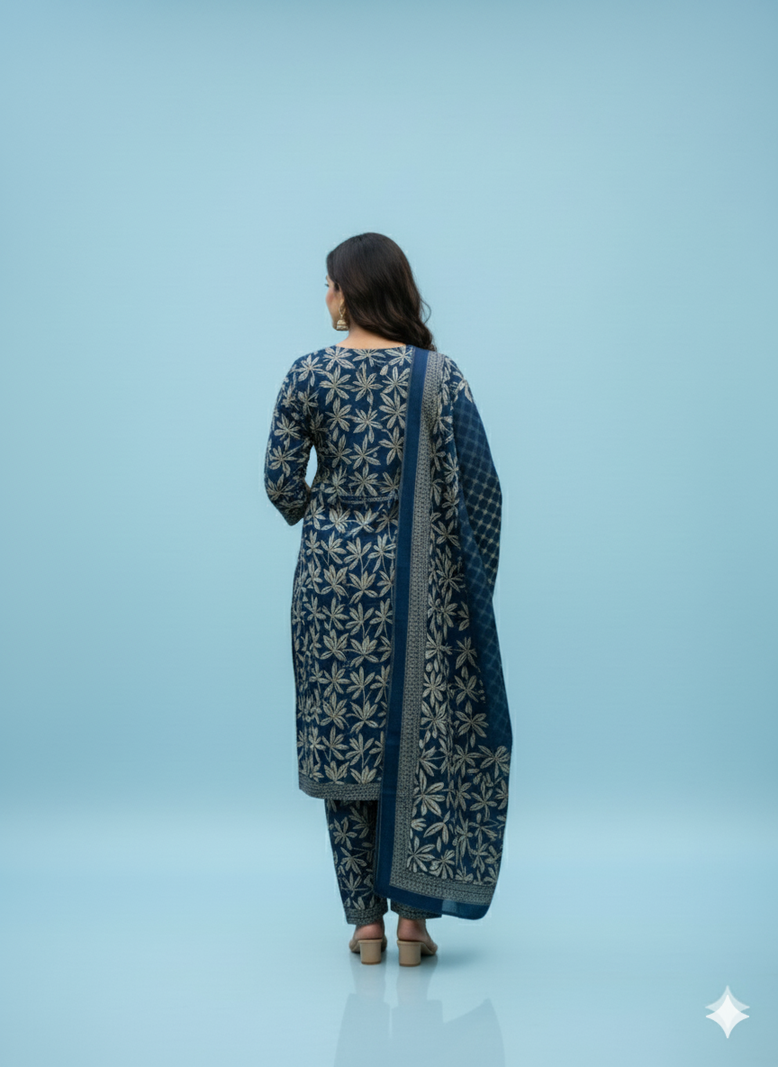 Navy Blue Leaf Print Kaddar Unstitched 3-Piece Suit Floral-LKUS-T006