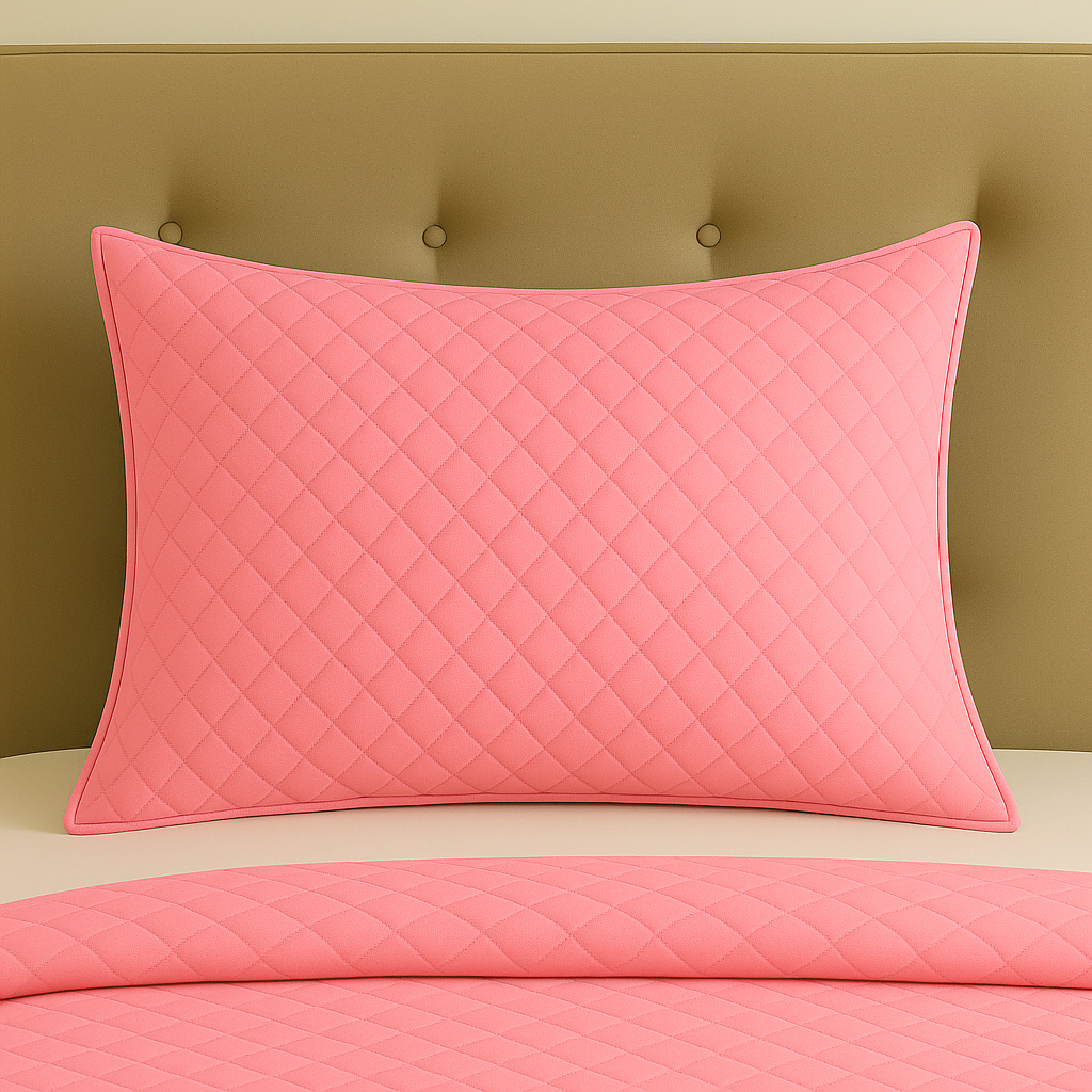 Quilted pink pillow and bedspread on a beige bed with a green headboard.