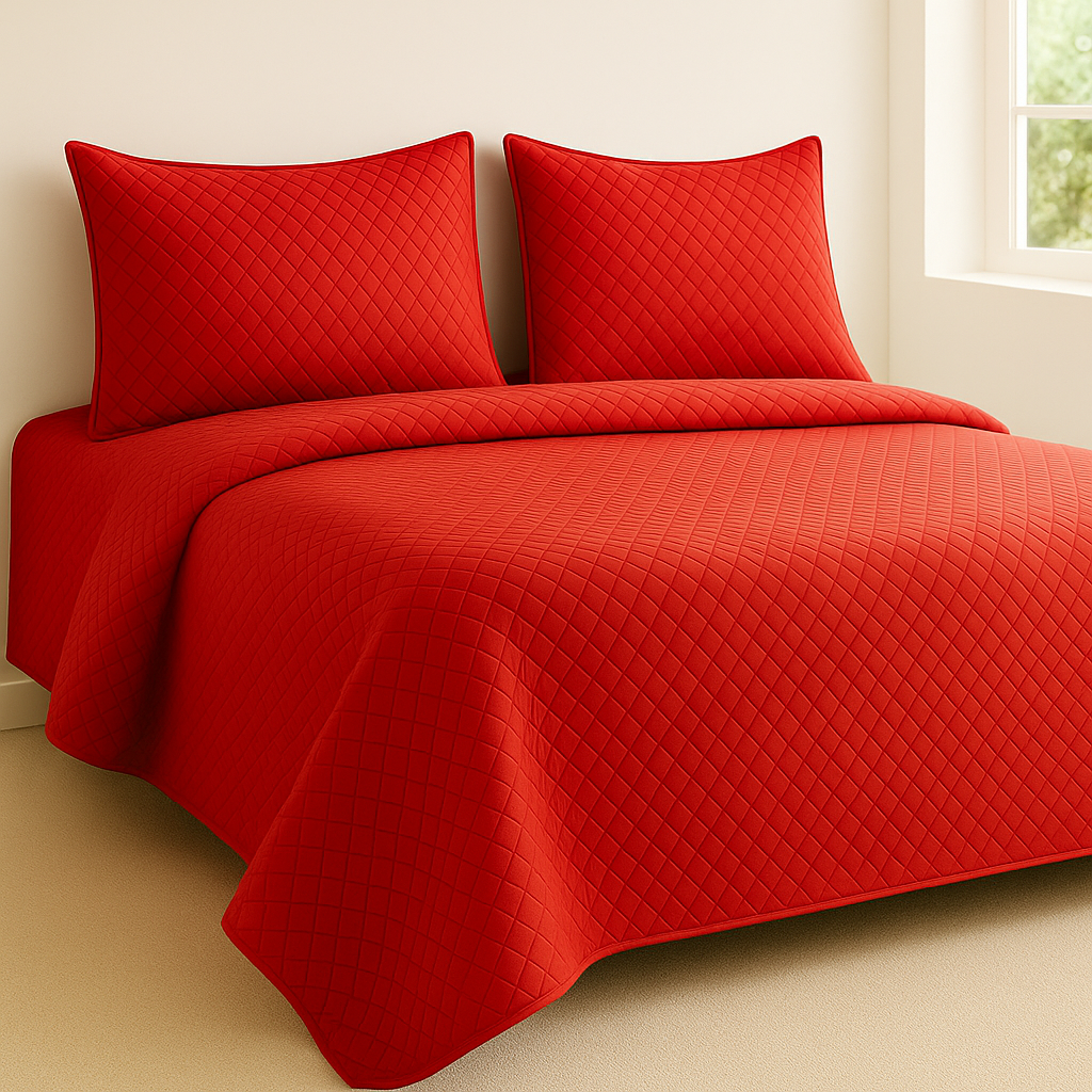 Red quilted bedspread and pillows on a bed in a room with a window.