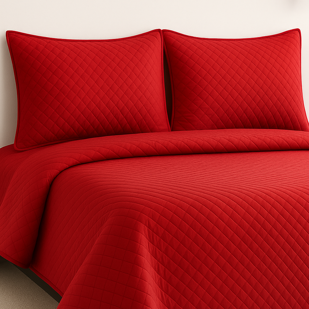 Red quilted bedspread with two matching pillows on a neutral background