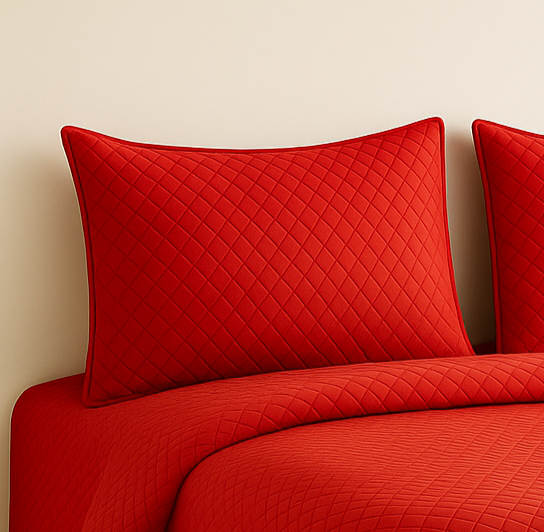 Red quilted bedspread and pillows on a beige background