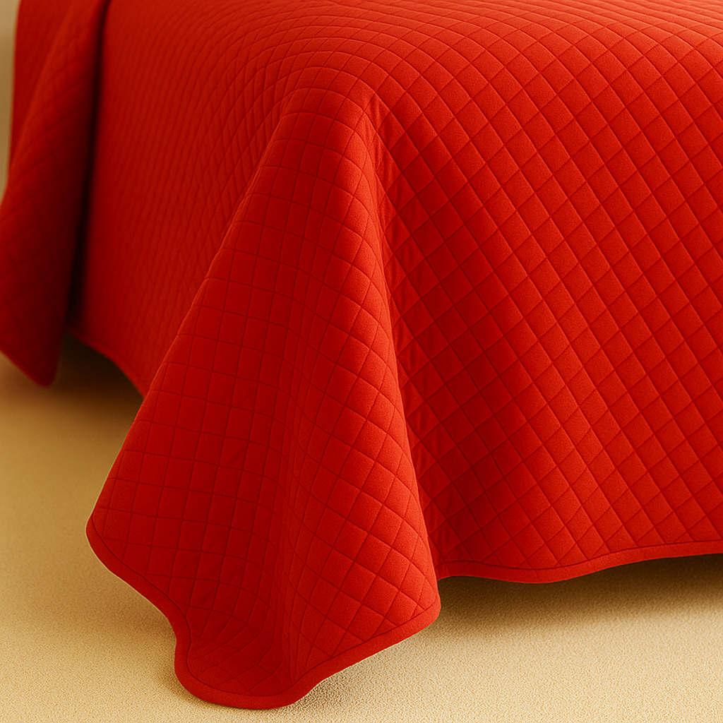 Red quilted bedspread on a beige surface