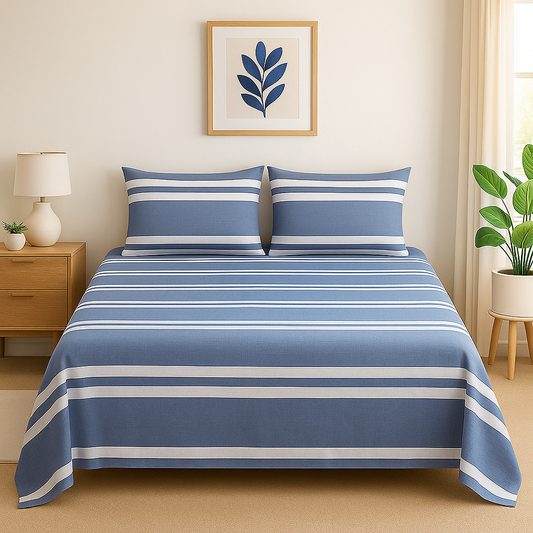 Blue and white striped bedding set on a bed in a bedroom with a lamp and plant.