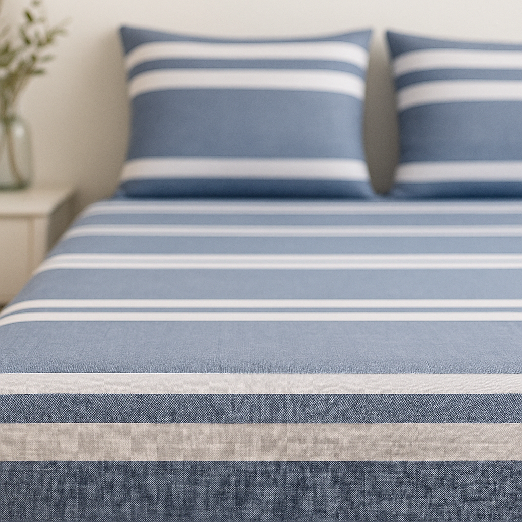 Blue and white striped bedding set on a bed with pillows.