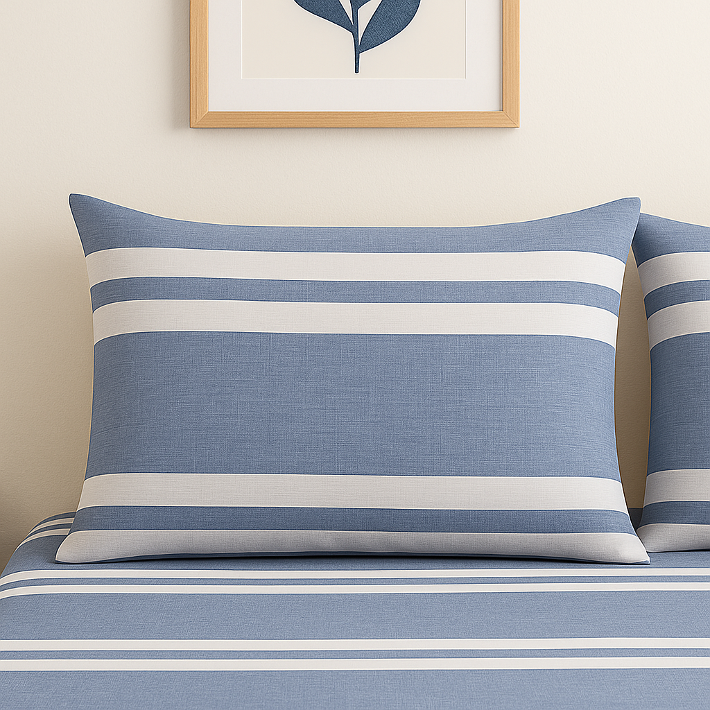 Blue and white striped pillow on a bed with a framed picture on the wall.