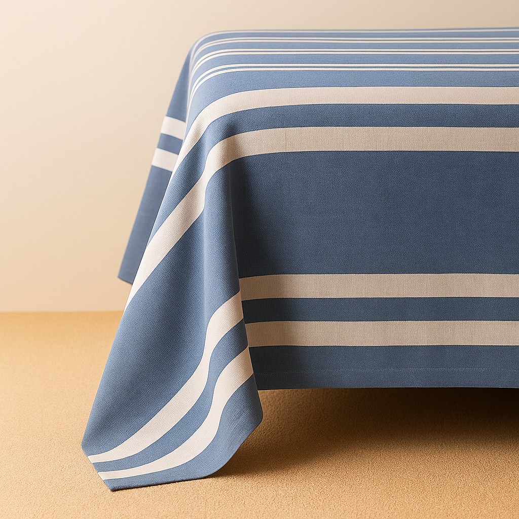 Blue and beige striped tablecloth on a beige surface
