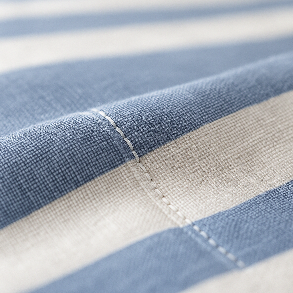 Close-up of blue and white striped fabric with visible stitching.
