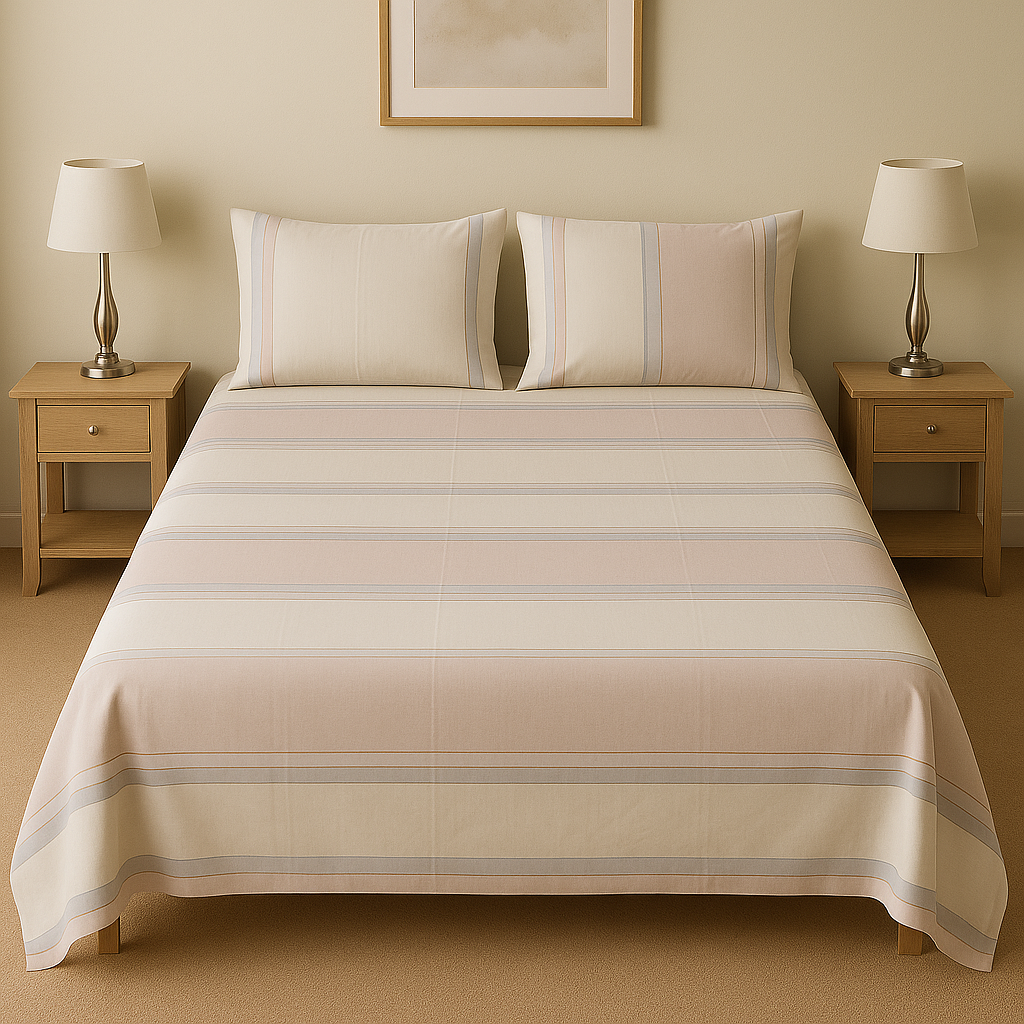 Beige striped bedspread on a bed with matching pillows in a bedroom setting.
