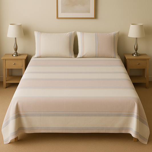 Beige striped bedspread on a bed with matching pillows in a bedroom setting.