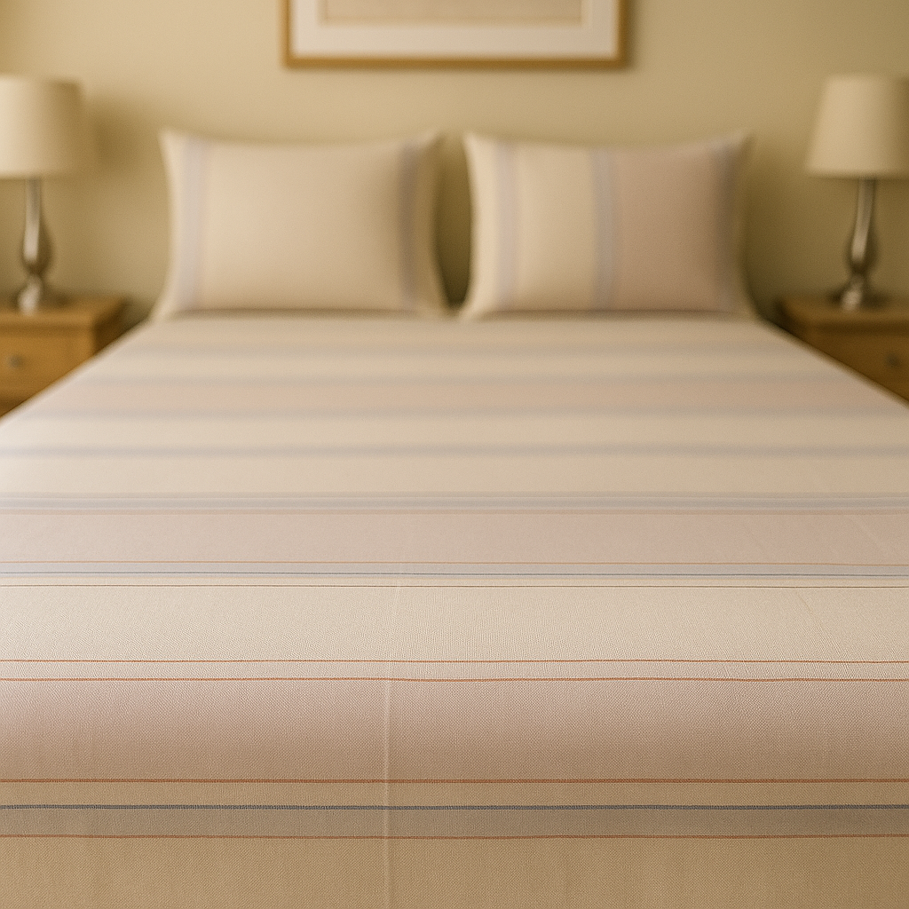 Beige striped bedspread on a neatly made bed with two lamps on either side in a bedroom setting.