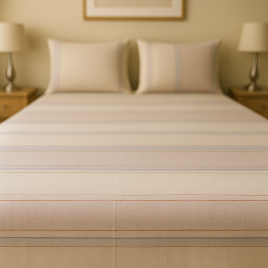 Beige striped bedspread on a neatly made bed with two lamps on either side in a bedroom setting.
