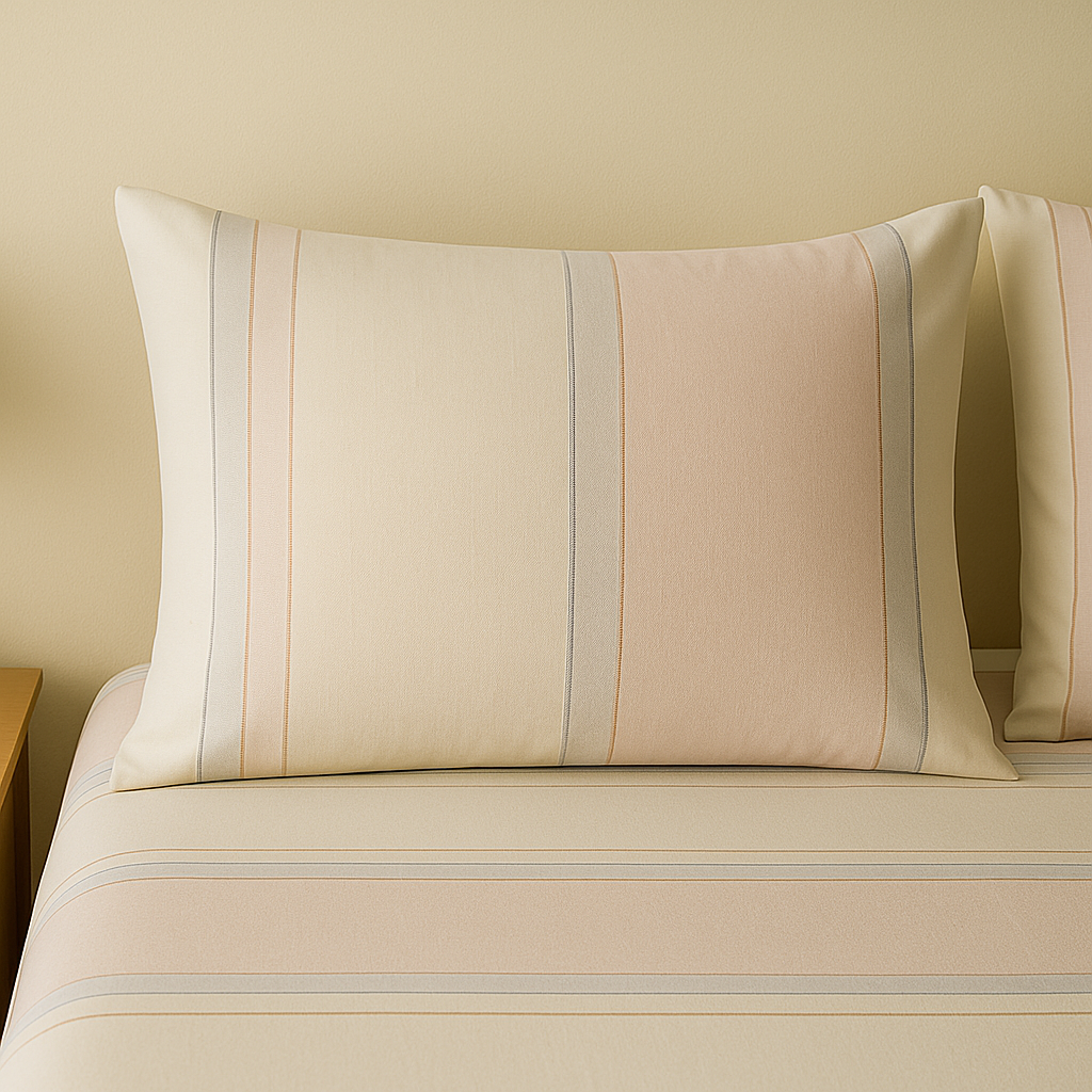 Beige striped pillow and bedding on a bed with a beige wall background