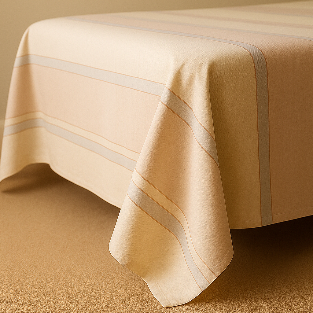 Beige striped tablecloth on a table with a matching background