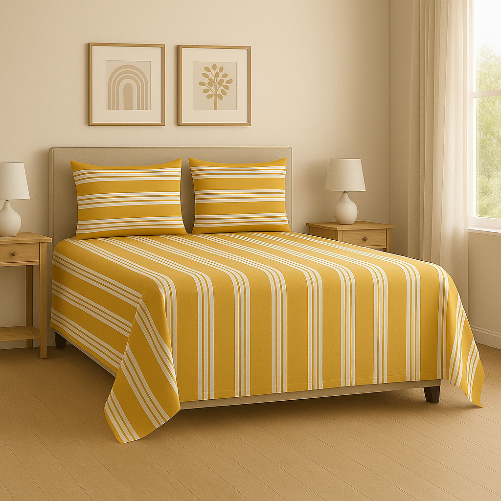 Yellow and white striped bedding set on a bed in a bedroom with two nightstands and lamps.