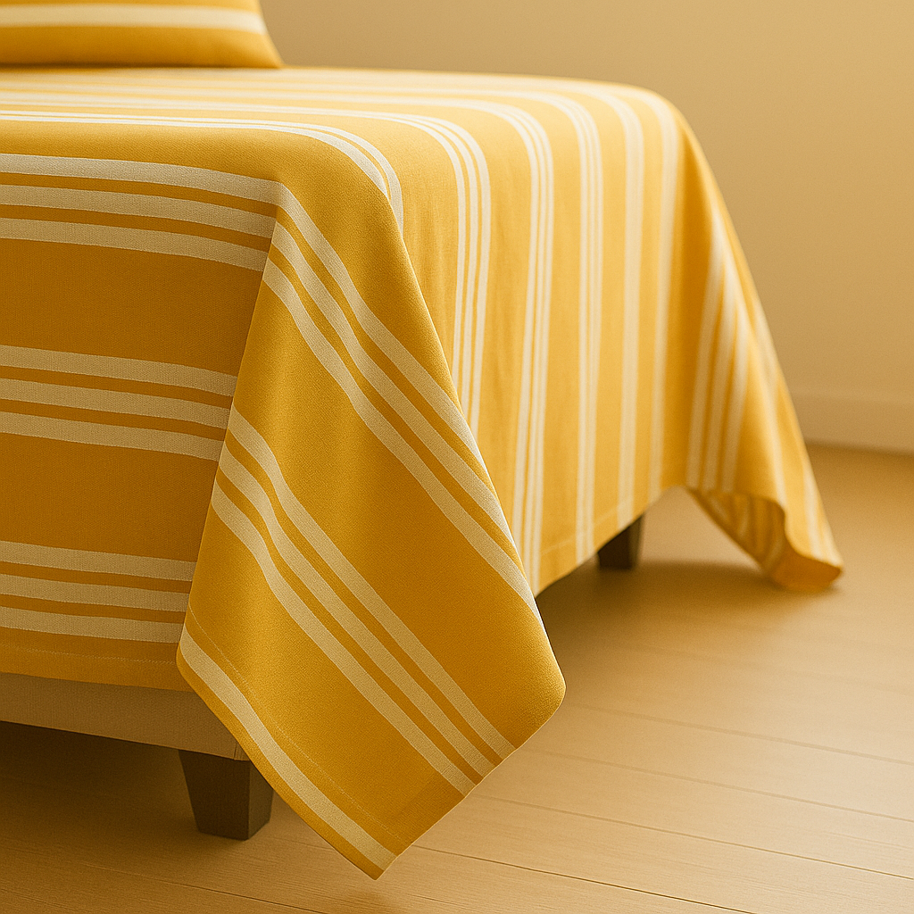 Yellow striped tablecloth on a wooden table with a neutral background