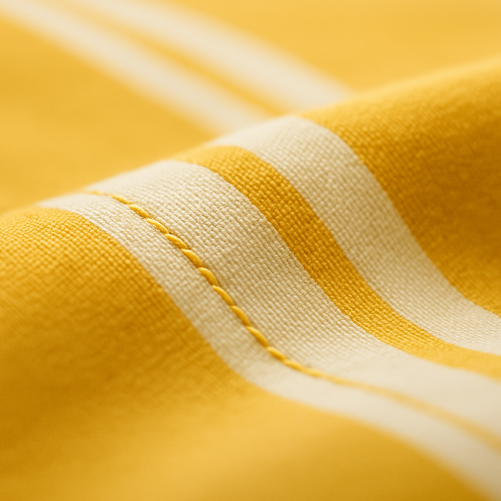 Close-up of yellow and white striped fabric with visible stitching.