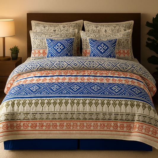 Bed with patterned bedding and pillows in a bedroom setting