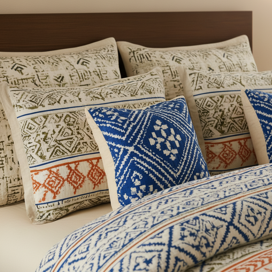 Patterned pillows on a bed with a neutral background