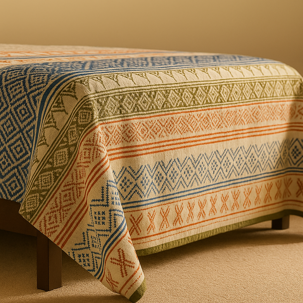 Patterned bedsheet on a bed against a beige wall