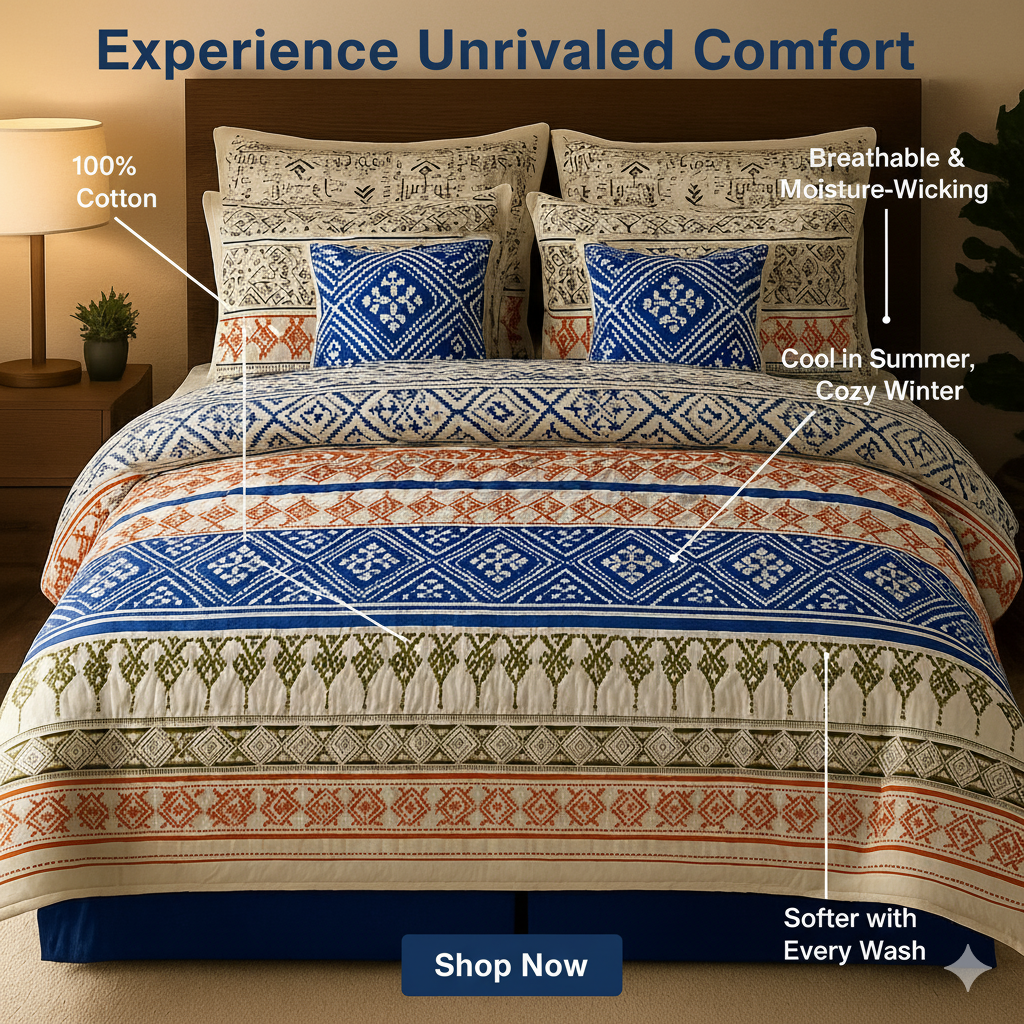Patterned bedding set with text highlighting features on a bed in a bedroom setting.