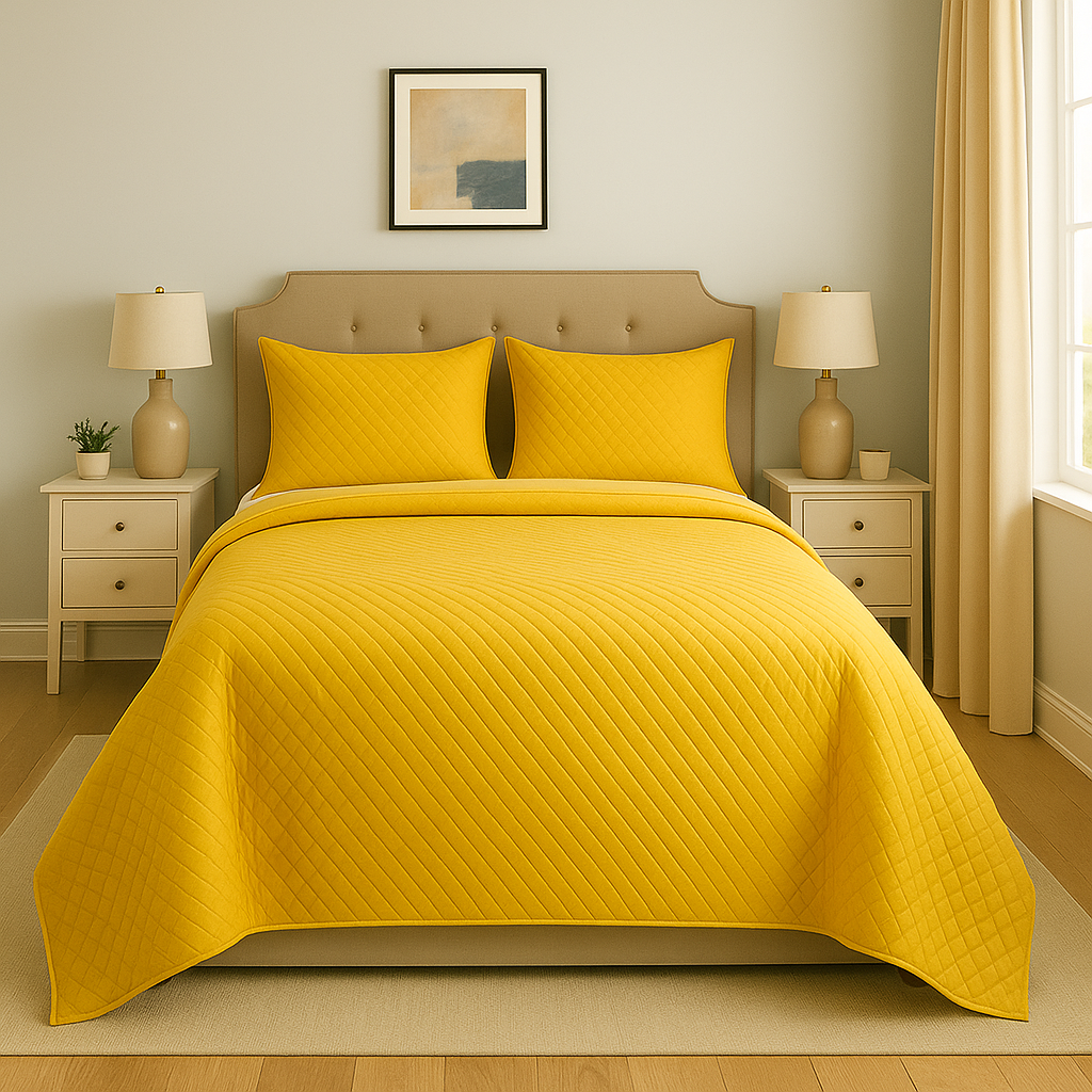 Yellow quilt and pillow set on a bed in a bedroom with matching nightstands and lamps.