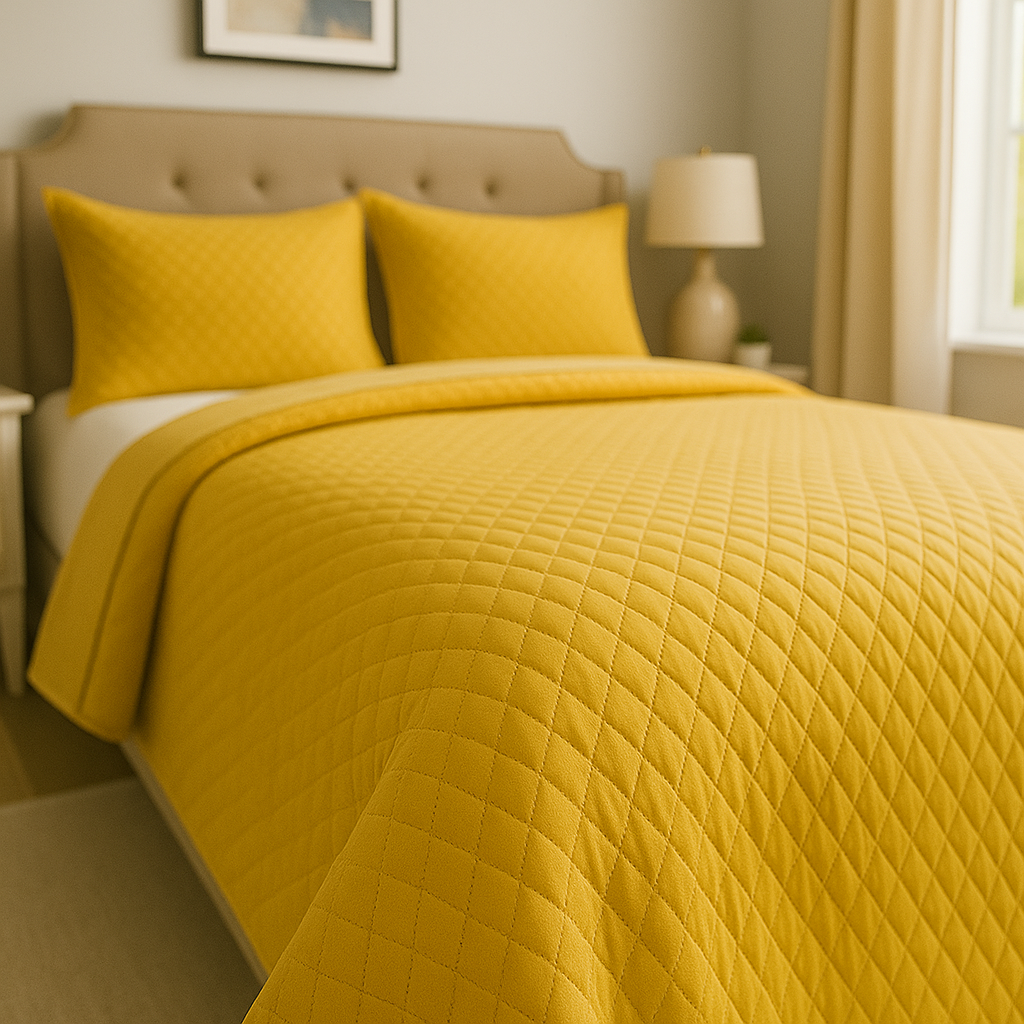 Yellow quilted cover and pillows on a bed in a bedroom setting.