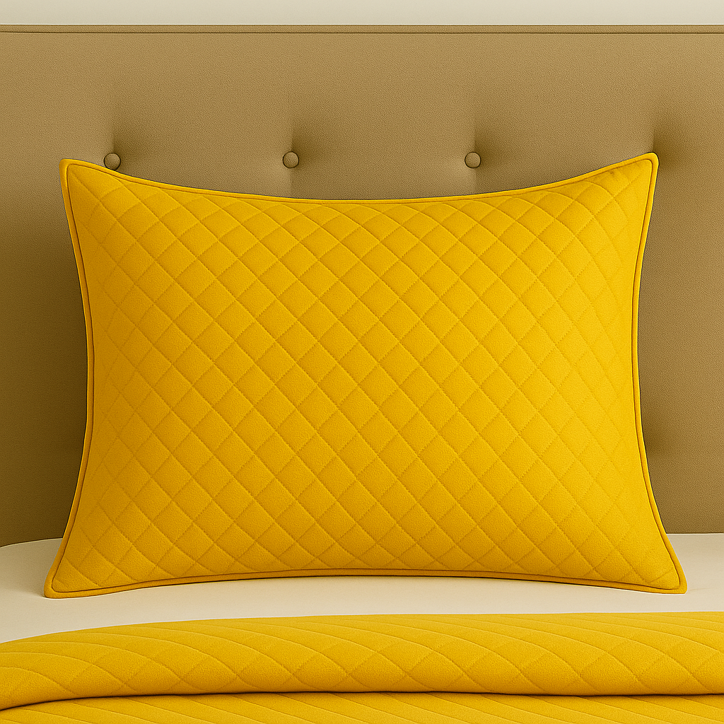 Yellow quilted pillow on a bed with a beige headboard