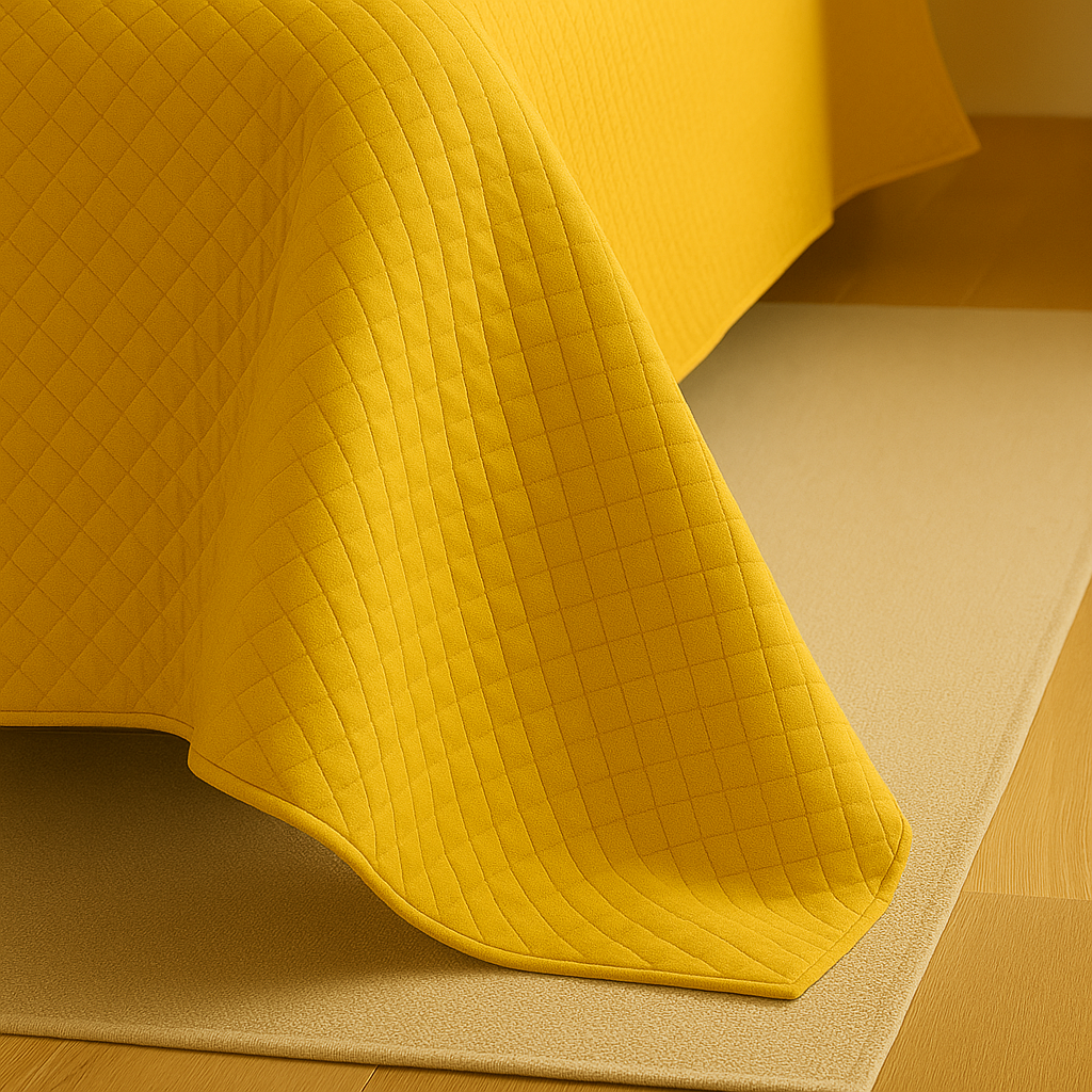 Yellow quilted blanket on a wooden floor