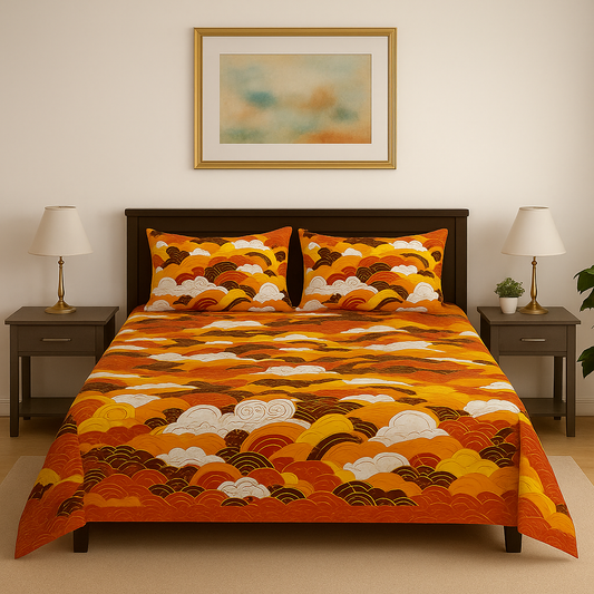 Bedroom with a bed featuring a colorful patterned duvet and matching pillows.