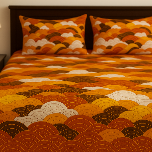 Bedspread with circular pattern in orange, brown, and white on a bed.