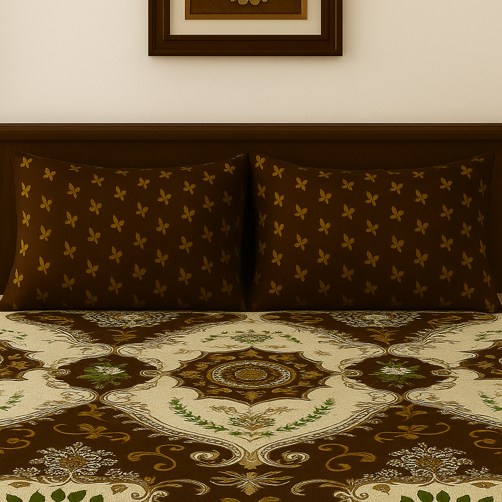 Decorative bedspread with intricate patterns on a bed with matching pillows.