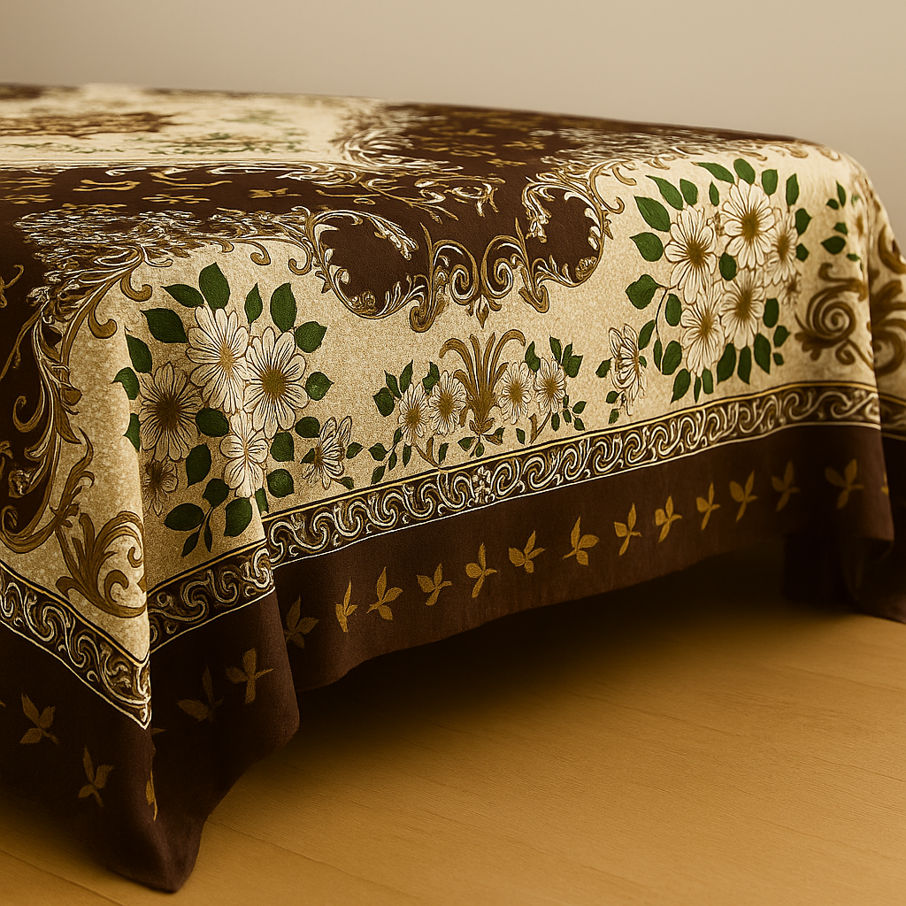 Decorative tablecloth with floral and leaf patterns on a wooden floor.