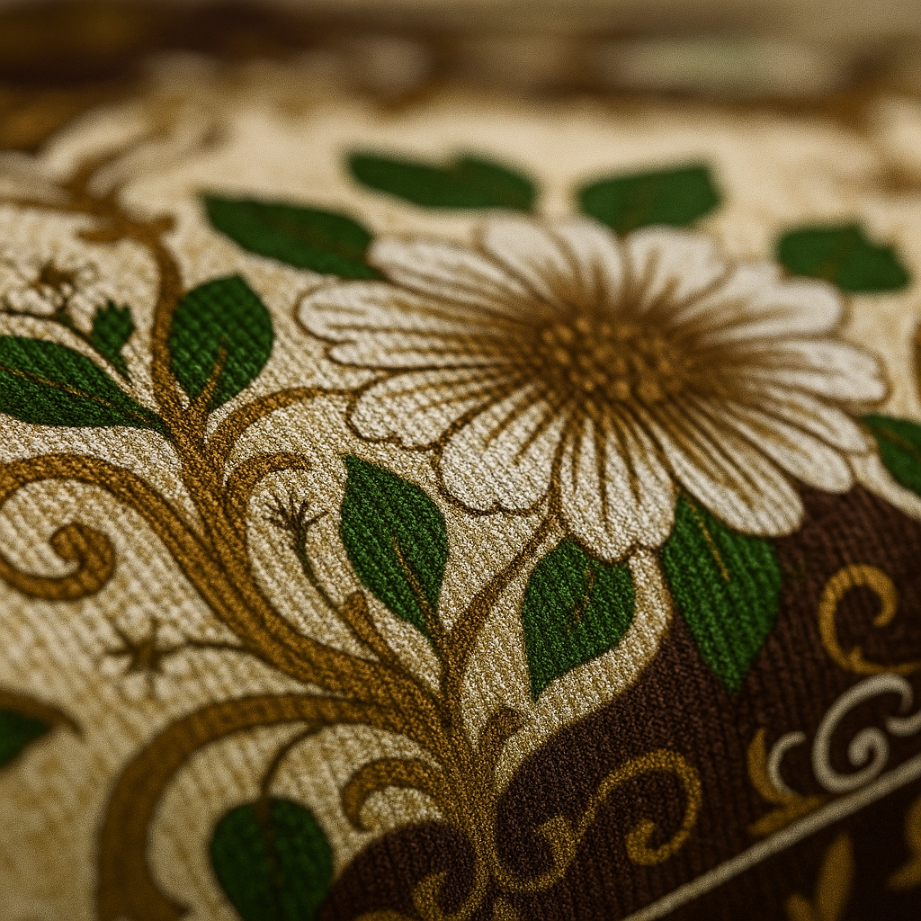 Close-up of a floral pattern with a white flower and green leaves on a brown background.