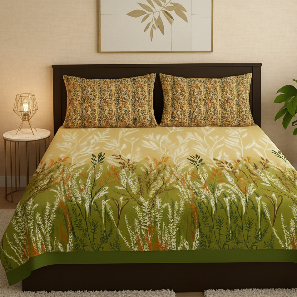 Bed with green floral bedding in a bedroom setting