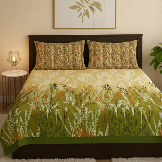 Bed with green floral bedding in a bedroom setting