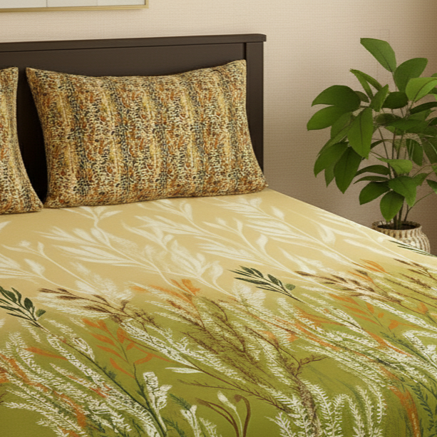 Bed with floral-patterned bedding and pillows in a bedroom setting.