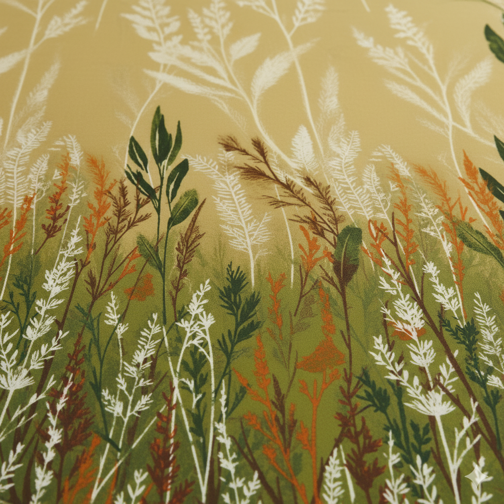 Pattern of various plants and leaves on a beige background