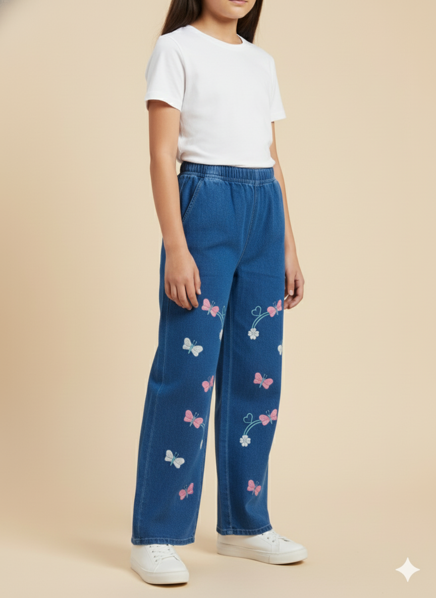 Girl Butterfly Embroidered Denim Jean Dark Blue GFJ-T004