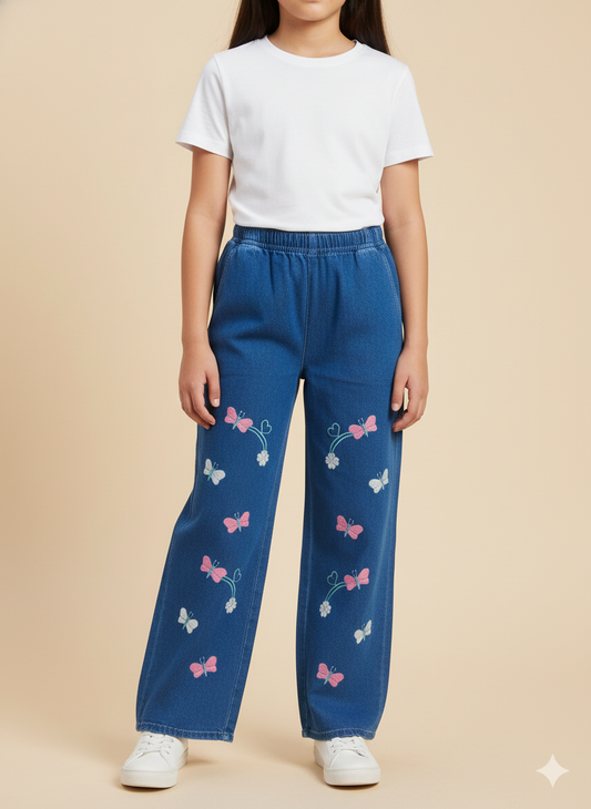 Girl Butterfly Embroidered Denim Jean Dark Blue GFJ-T004