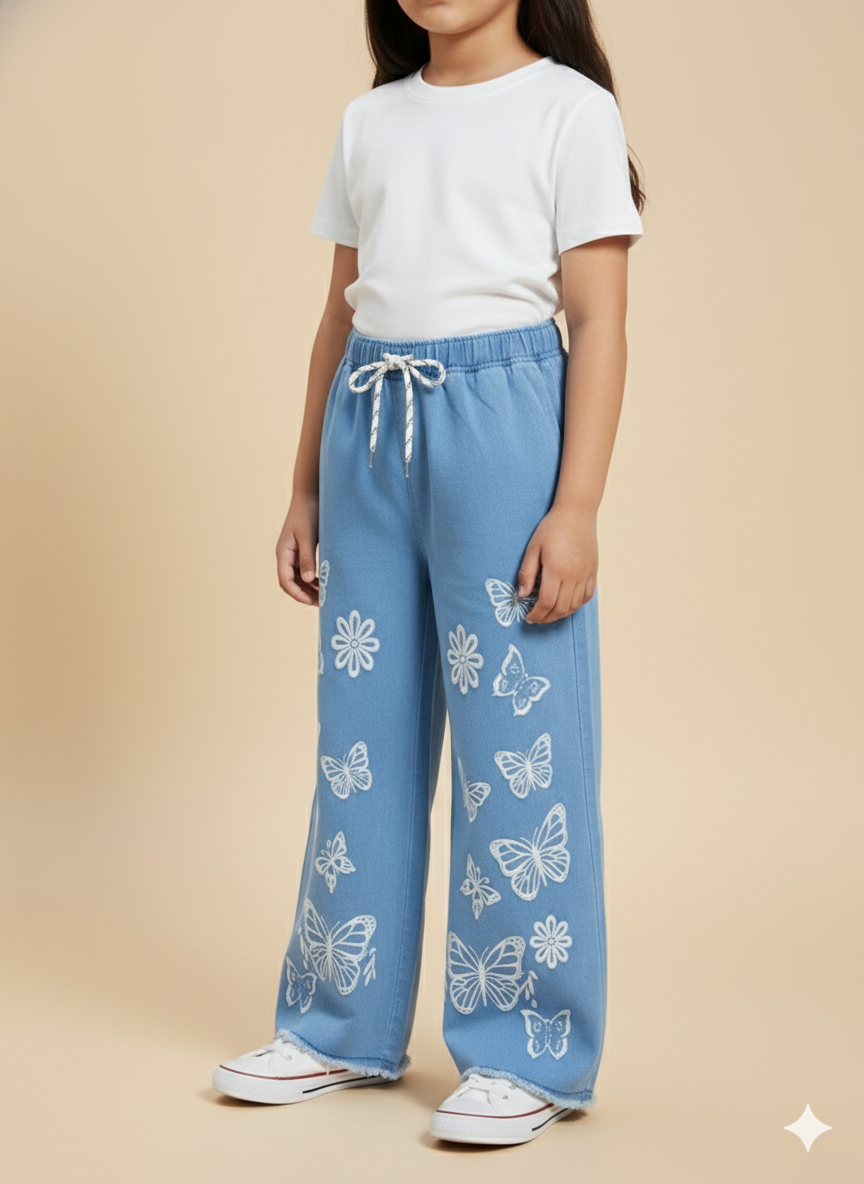 Girl Butterfly Embroidered Denim Jean light Blue GFJ-T003