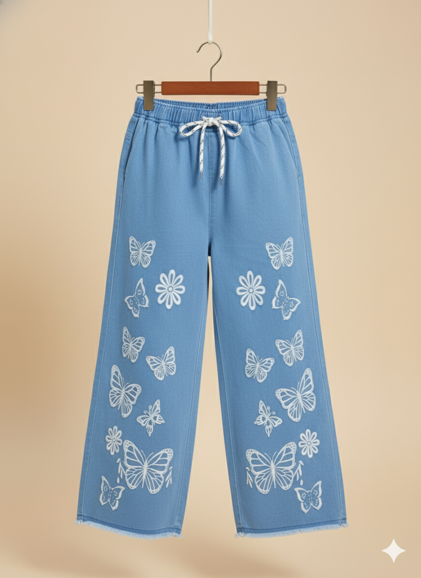 Girl Butterfly Embroidered Denim Jean light Blue GFJ-T003