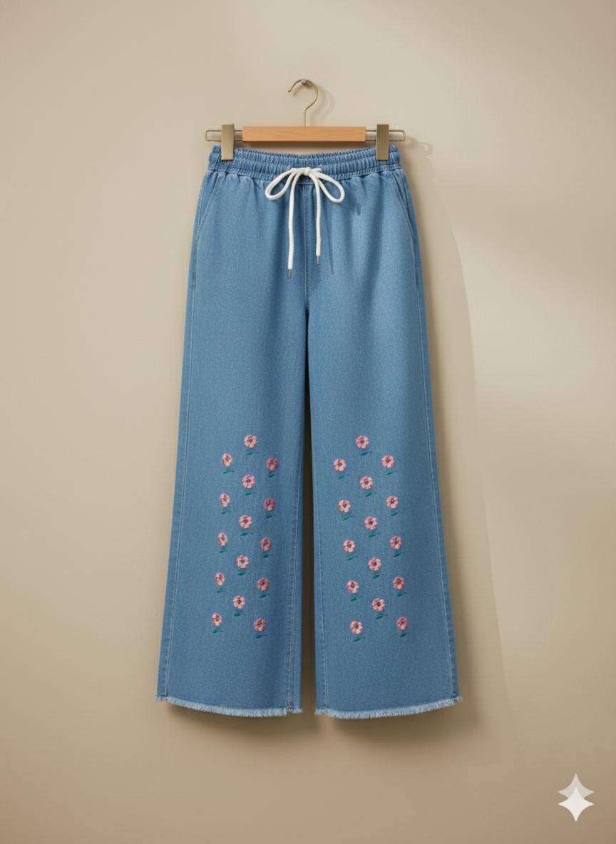 Girl Butterfly Embroidered Denim Jean light Blue GFJ-T006