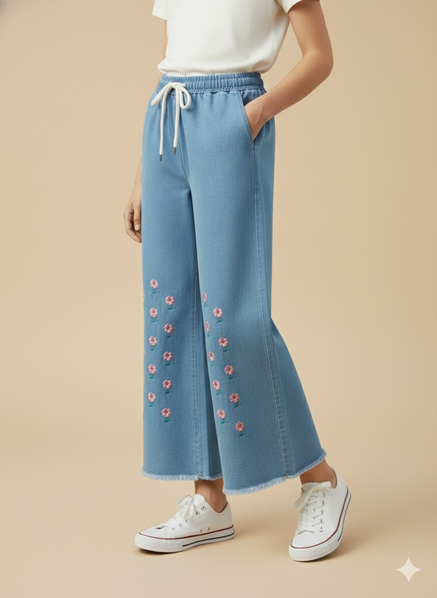 Girl Butterfly Embroidered Denim Jean light Blue GFJ-T006